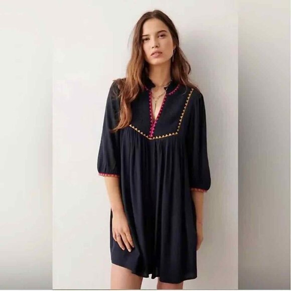 ba&sh Dresses & Skirts - Ba&sh Womens Navy Embroidered V Neck Tunic Dress Size 3 Boho Chic Anthropologie